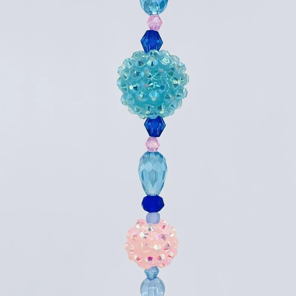 Beaded Suncatcher - Blue Pink - Clear Crystal Prism - Hanging Decor Yard Art